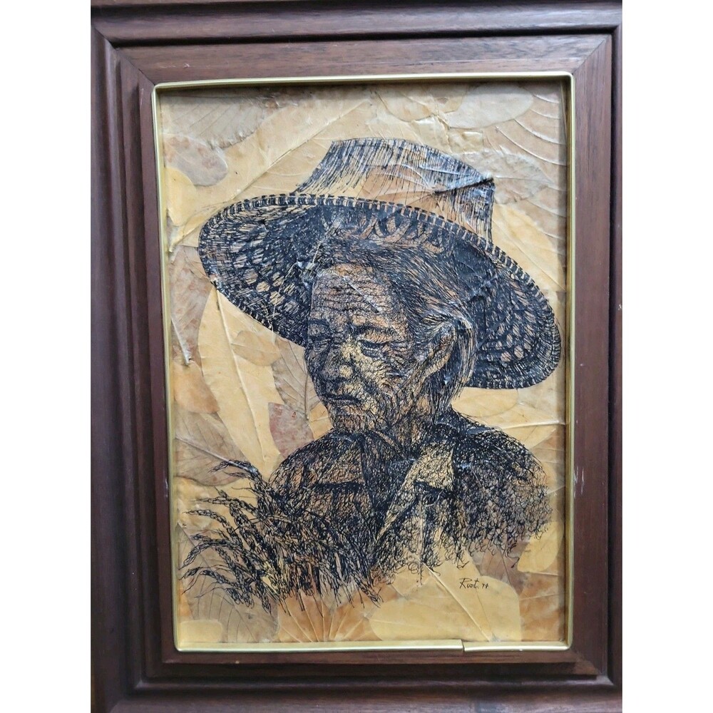 Art Signed Rust 74 Thai Tobacco Leaf Portrait,old Man Black Ink, Bangkok